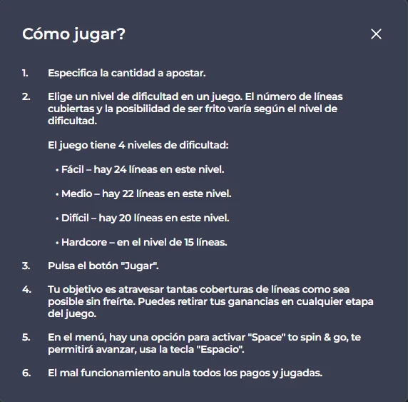 Chicken Road — pantalla de reglas con pasos y niveles